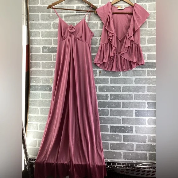Vintage Montgomery Ward Rose Pink Slip Dress With Matching Ruffle Tied Top Small - Picture 1 of 13